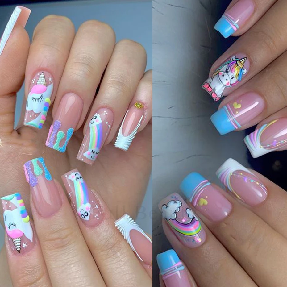 12 Designs Pink Unicorn Water Transfer Slider Rainbow Horse Ice Cream Heart Cartoon Anime Nail Sticker Polishing Nail Decoration