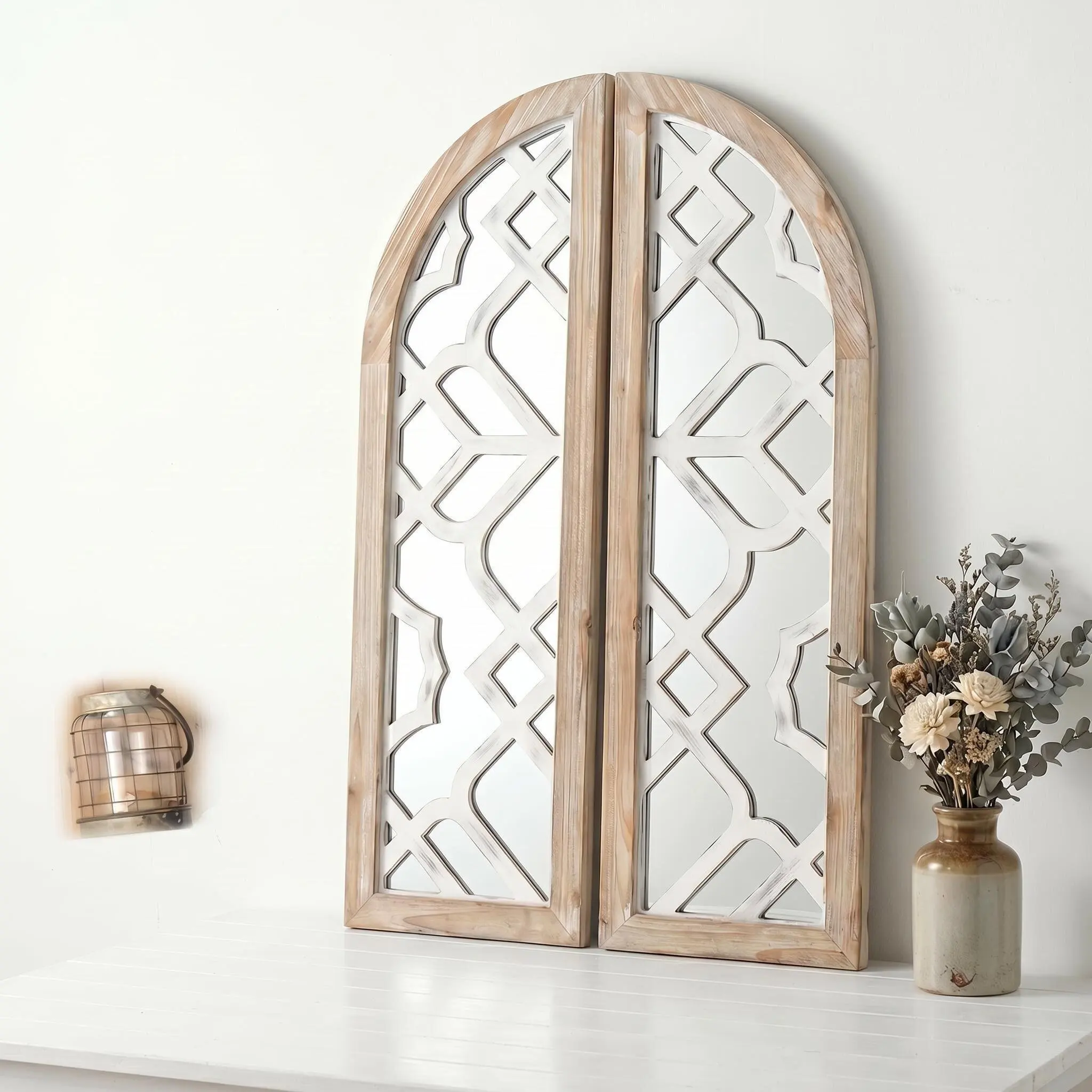 American retro hollow decorative mirror rural homestay wall-mounted false window mirror  room entrance wall