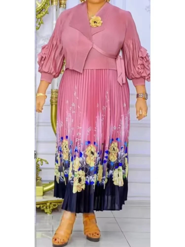 ANLAN New Miyake 2025 Autumn Fashion Print Pleated Skirt with Belt Elegant Commuter Casual Middle East Party Dresses 2AN168