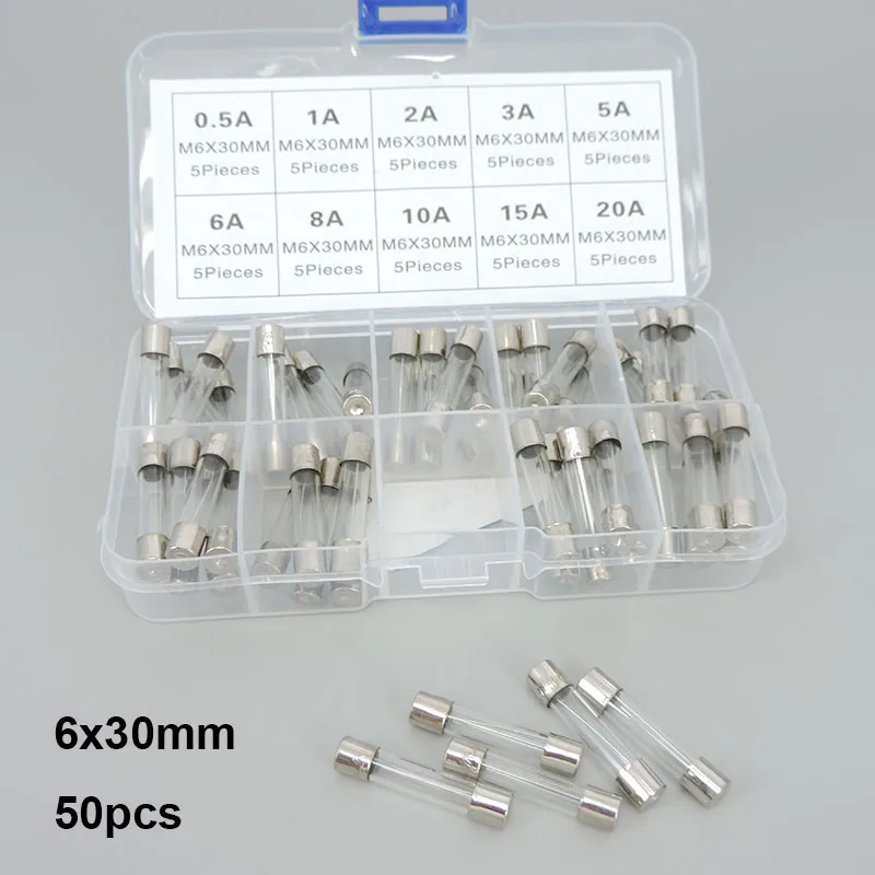 Analyste de mélange de tubes en verre à soufflage rapide, fusible assressenti, boîte, T 0,5 A, 1A, pipeline, 3A, 5A, instantané, 8A, 10A, 15A, 6x30mm, 50 pièces par boîte 20A 3cm 6x30 B4