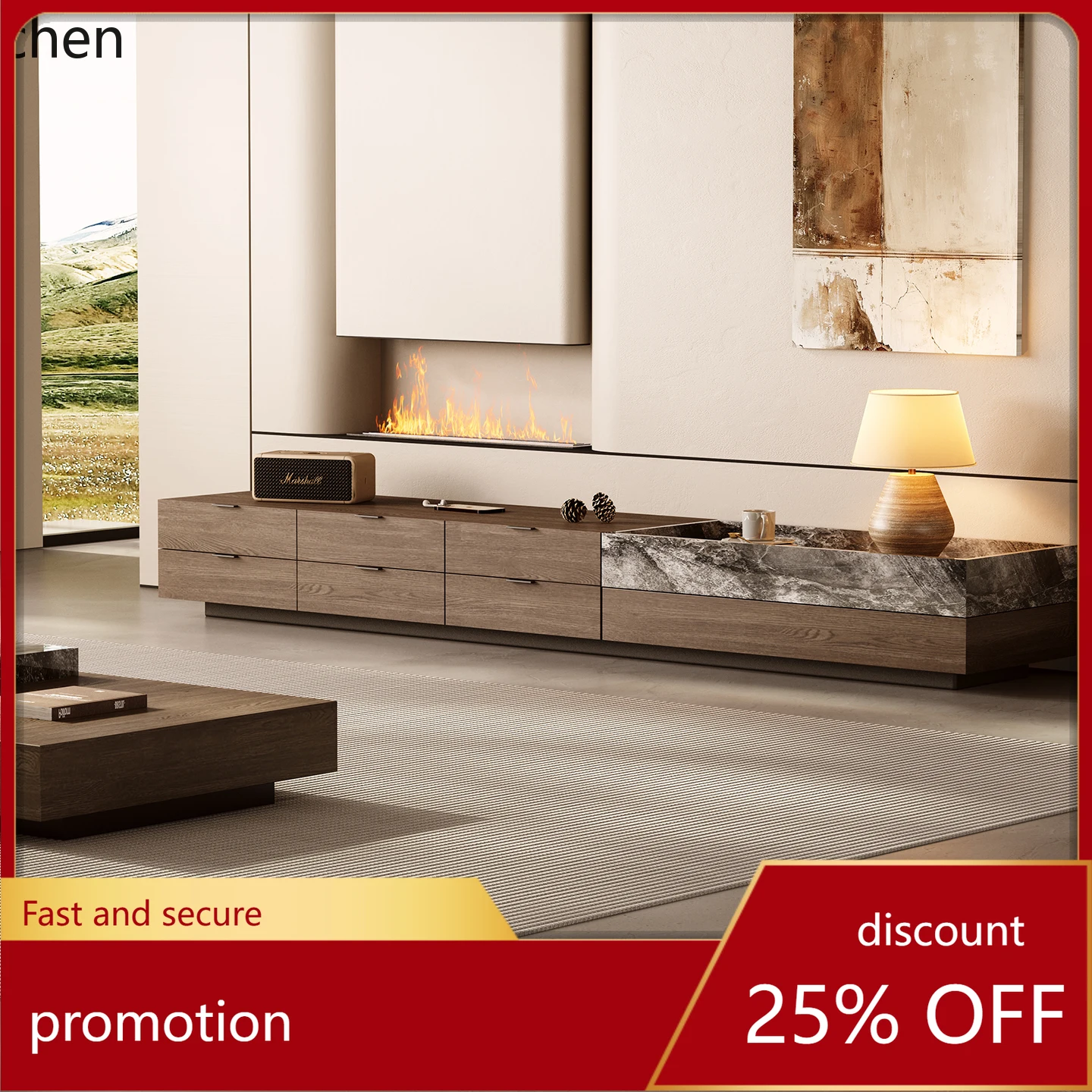 

CZ Natural Luxury Stone Solid Wood Storage TV Cabinet Living Room Household Floor Cabinet