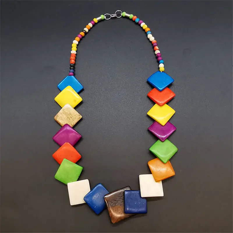 Tibetan Ethnic Necklace Colorful Yak Bone Multi Squares Necklaces TNL206