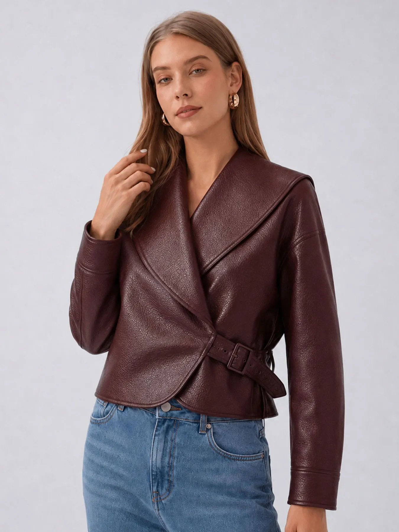 HH Modern Womens Faux Leather Outerwear Long Sleeves Fashion Party Asymmetric Side Buckle Closure Jacket Causal Autumn Coat