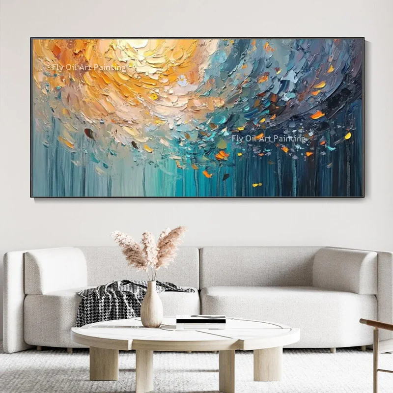 

Красочный абстрактный нож ручной работы, толстая настенная картина на холсте, нарисованная вручную, новая синяя и золотисто-желтая картина маслом для домашнего декора