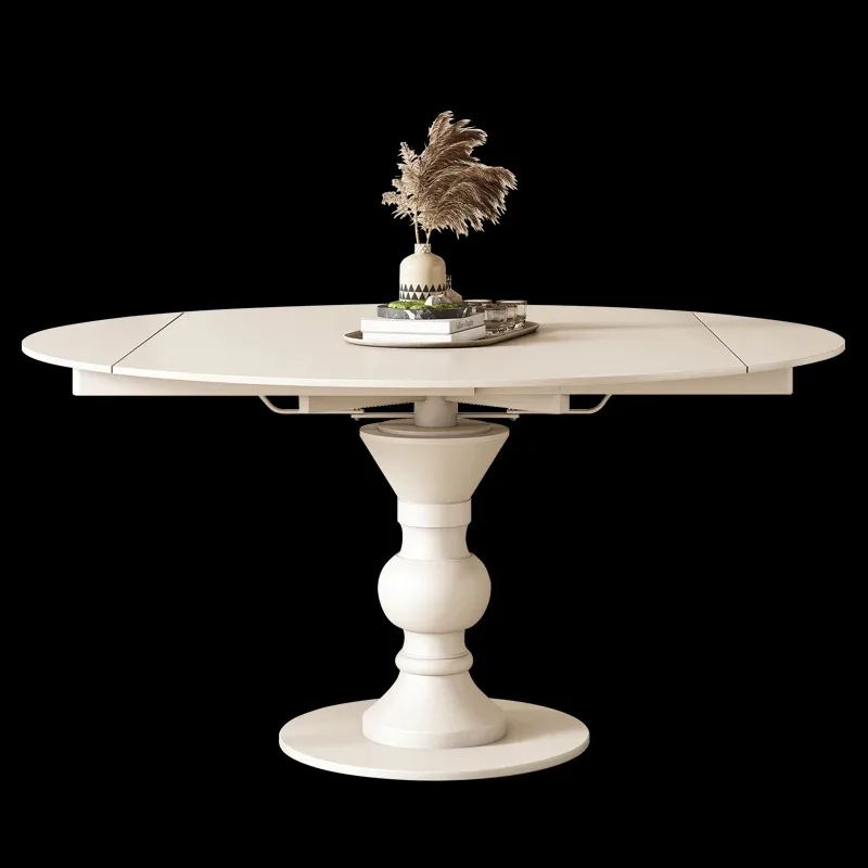 

0A solid wood rotating telescopic rock slab dining table, variable household small apartment, cream wind, square