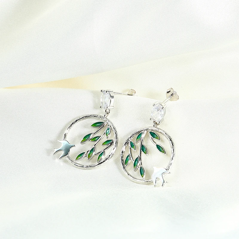 

Drop Earring For Women & Sterling Handmade Green Enamel Willow Leaves Dangle Earrings Swallow In White Gold Plated B