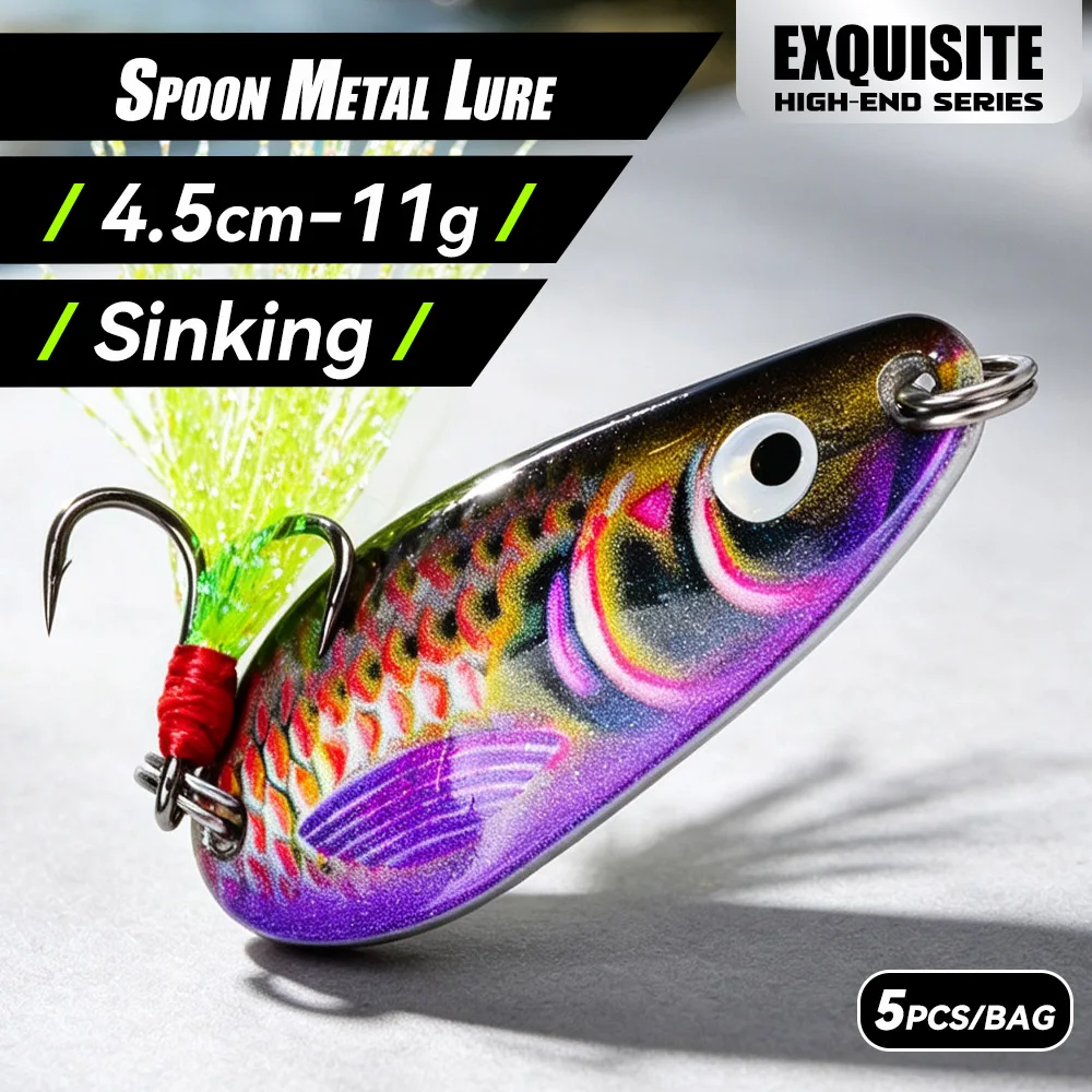 5pcs/set New VIB Spoon Lure 11g 4.5cm Zinc Alloy Metal Blade Vibrating Trout Perch Bait Long Cast Fishing with Tail Tackle