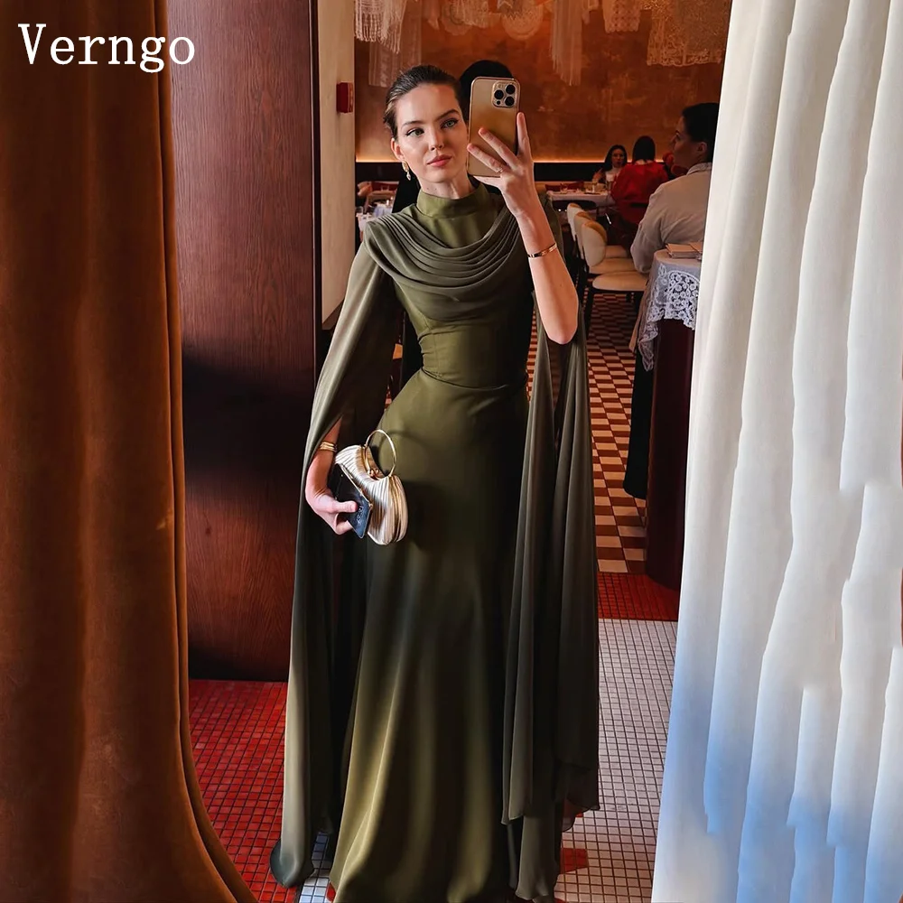 

Verngo Green Crepe Evening Dress High Neck Full Sleeves A Line Formal Occasion Dress Elegant Modest Arabia Prom Gowns Customized