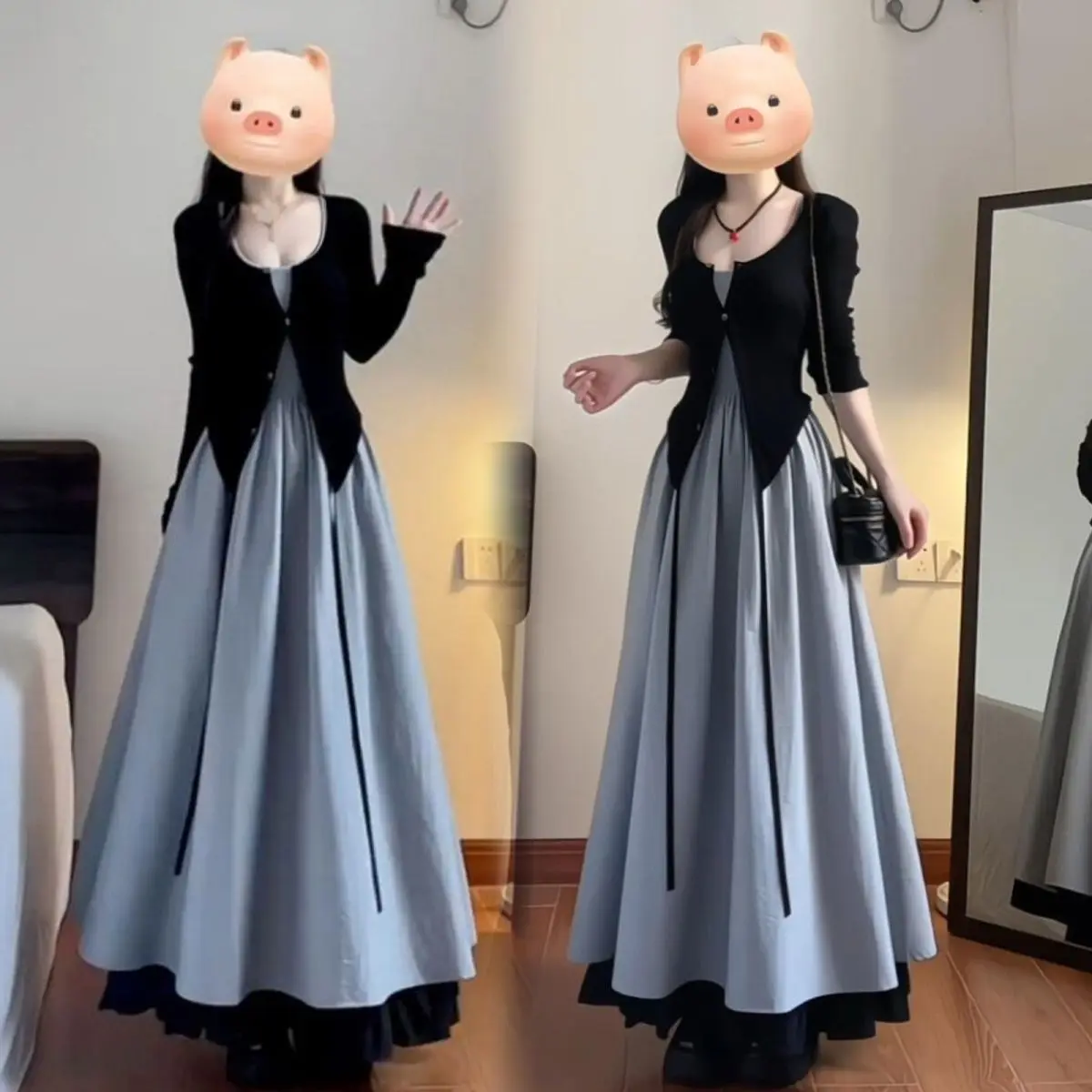 Conjunto de otoño de alta gama francés: Vestido largo coreano de estilo temperamental, conjunto completo de cárdigan de manga larga y tirantes para mujer, estilo Pure Desire.