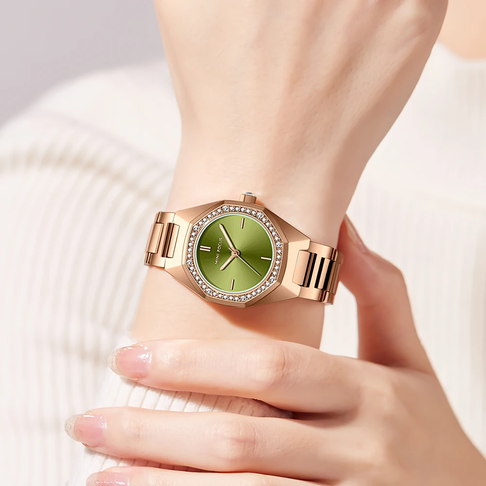 MINI FOCUS Simple Analog Quartz Watch Women Rose Gold Stainless Steel Strap Dress Wristwatch with Octagon Case Green Dial 0433