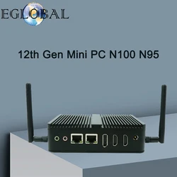Eglobal Cheapest Intel Celeron J6412 N95 N100 Fanless Mini PC With 2HDMI+1DP 2 Com Ports 2Lans Window10 Laptops Pocket Computer