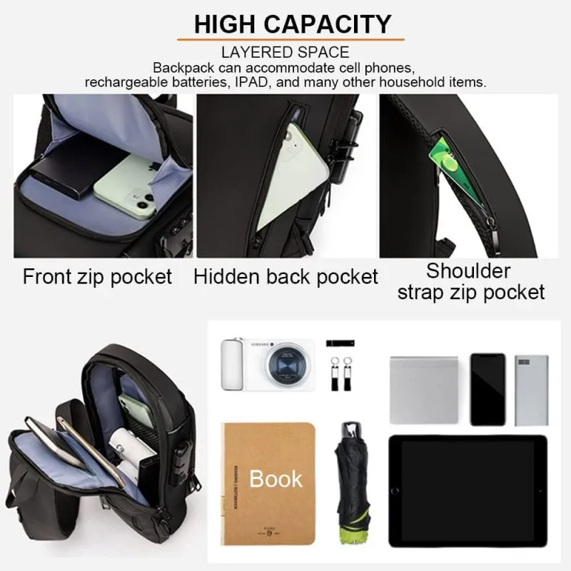 New Men Sports Sling Shoulder Bag Oxford Cloth Waterproof Chest Daypack with USB Charging Port Fashion Anti-Theft Crossbody Bags