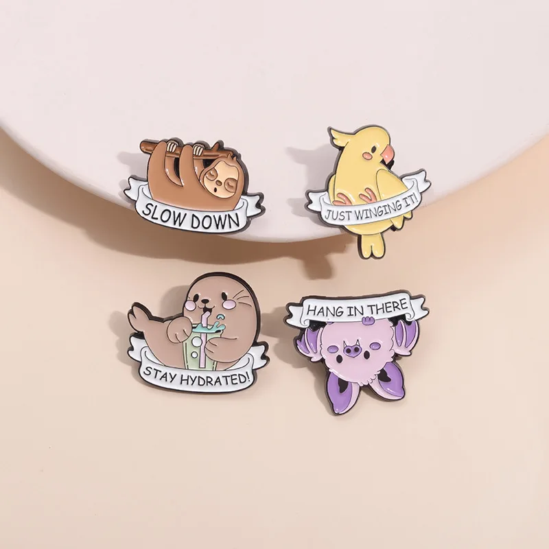 Cute Sloth Otter Parrot Purple Bat Brooch Lovely Cartoon Animal Enamel Pins for Backpack Accessories Gifts