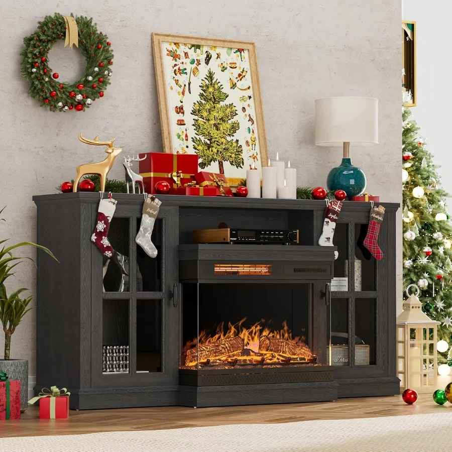 Soporte de TV con chimenea de cristal para televisores de hasta 65 medios, mesa consola central de entretenimiento con puertas cerradas, almacenamiento, color negro