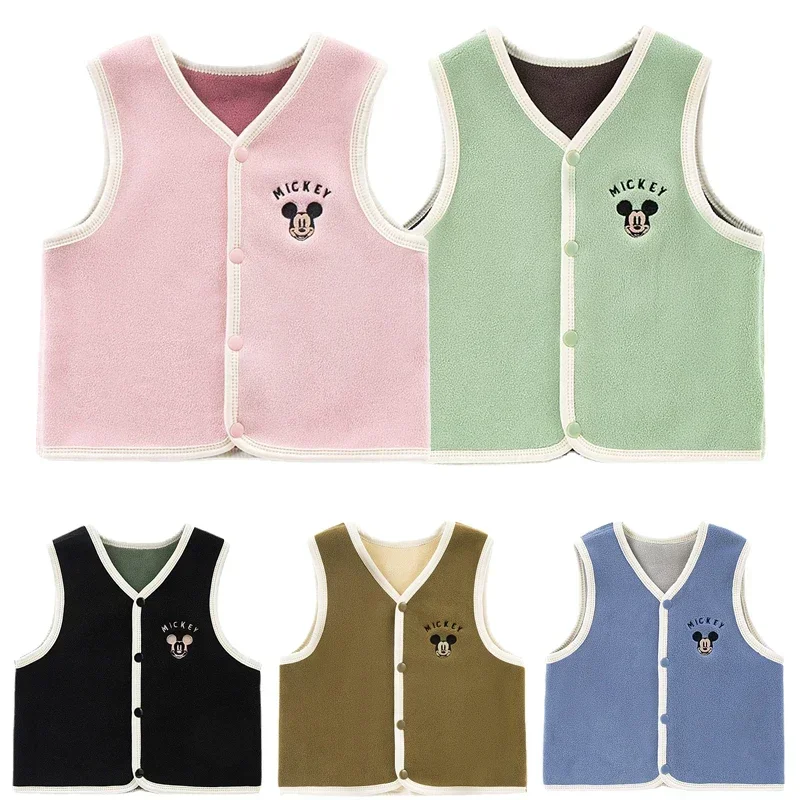 Disney Kids Vest Baby Boys Cute Cartoon Mickey Mouse Flannel Waistcoat Toddler Girl Kawaii Pink Fur Vest Double Waistcoat