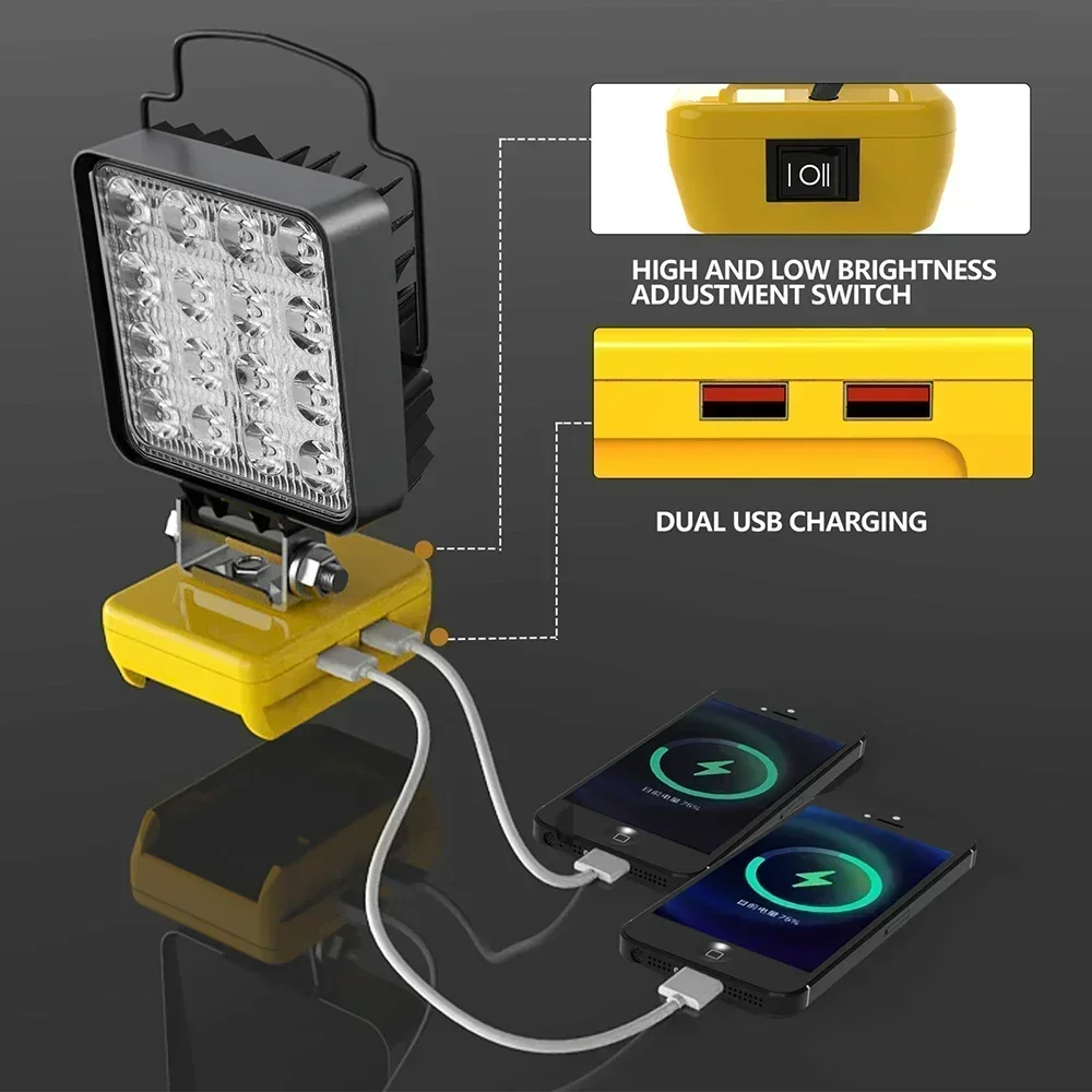 16 LED Work Lights Flashlight Electric Torch Spotlights USB Power Bank For DeWalt 18V 20V Lithium Battery High Low Beam Control