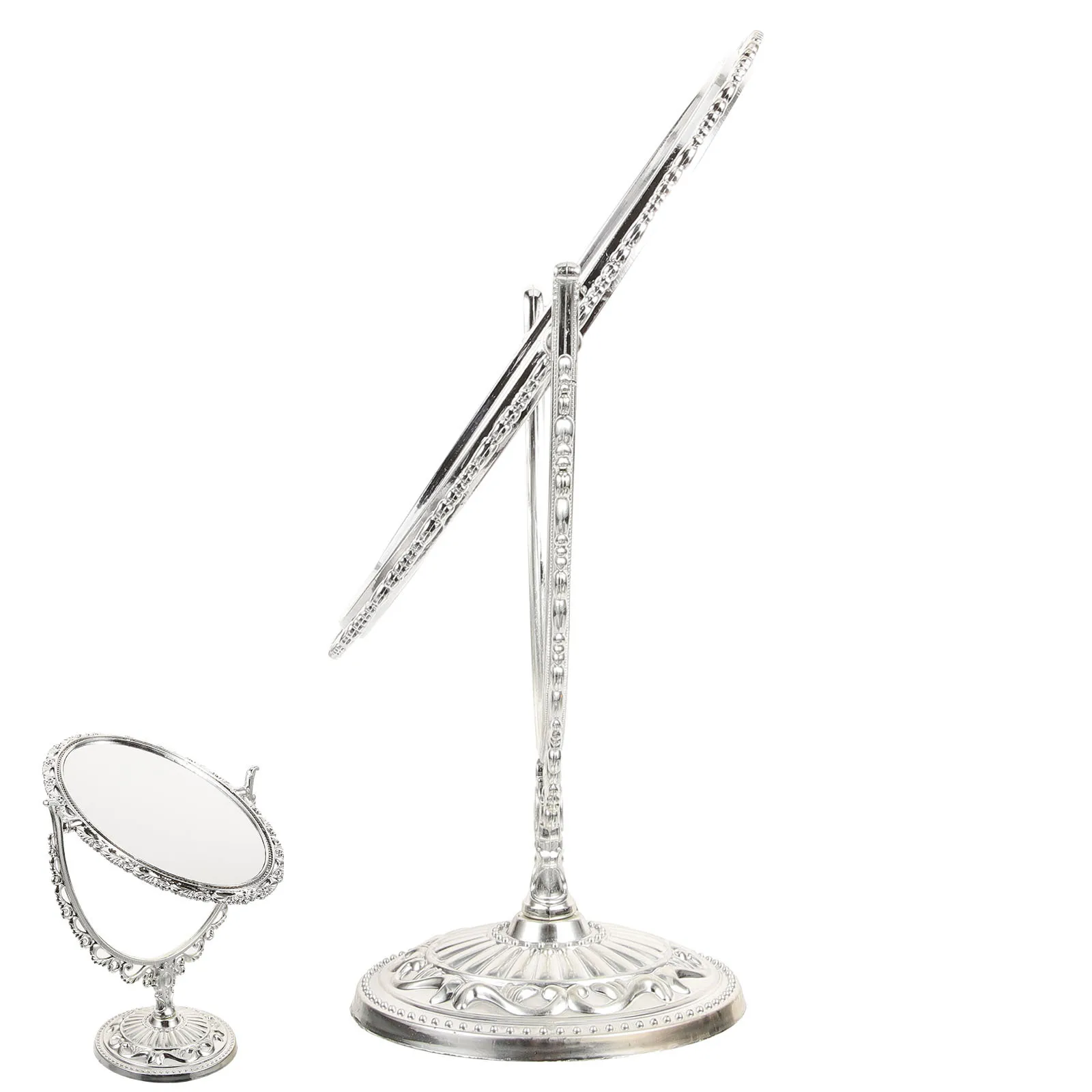 1개 유럽 스타일 레트로 거울 양면 타원형 데스크탑 메이크업 거울 360도 회전 욕실 침실용