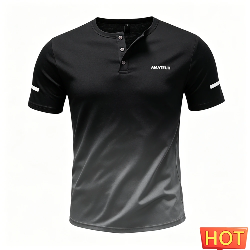 Funny Gradient 3D Print Men's Henley Shirt Fashion Henry Collar Short Sleeve Tee Summer Loose Sports T-shirt Casual Men Clothing