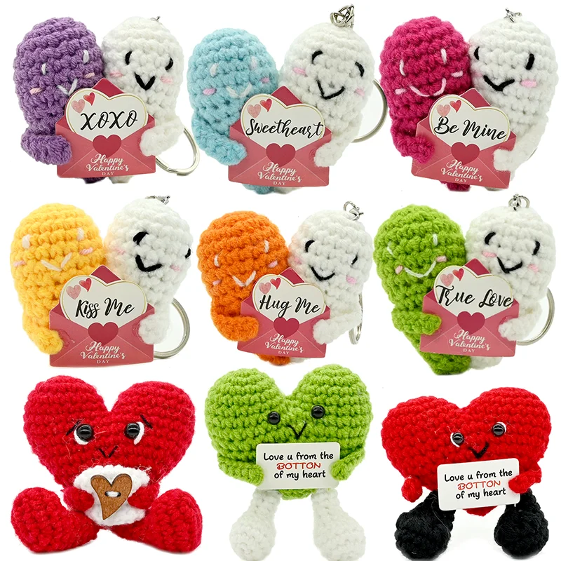 Pendant Series Positive Energy Crochet Heart Pendant & Ornaments Handmade Knitted Doll with Encouragement Card Mini Desk Decor G