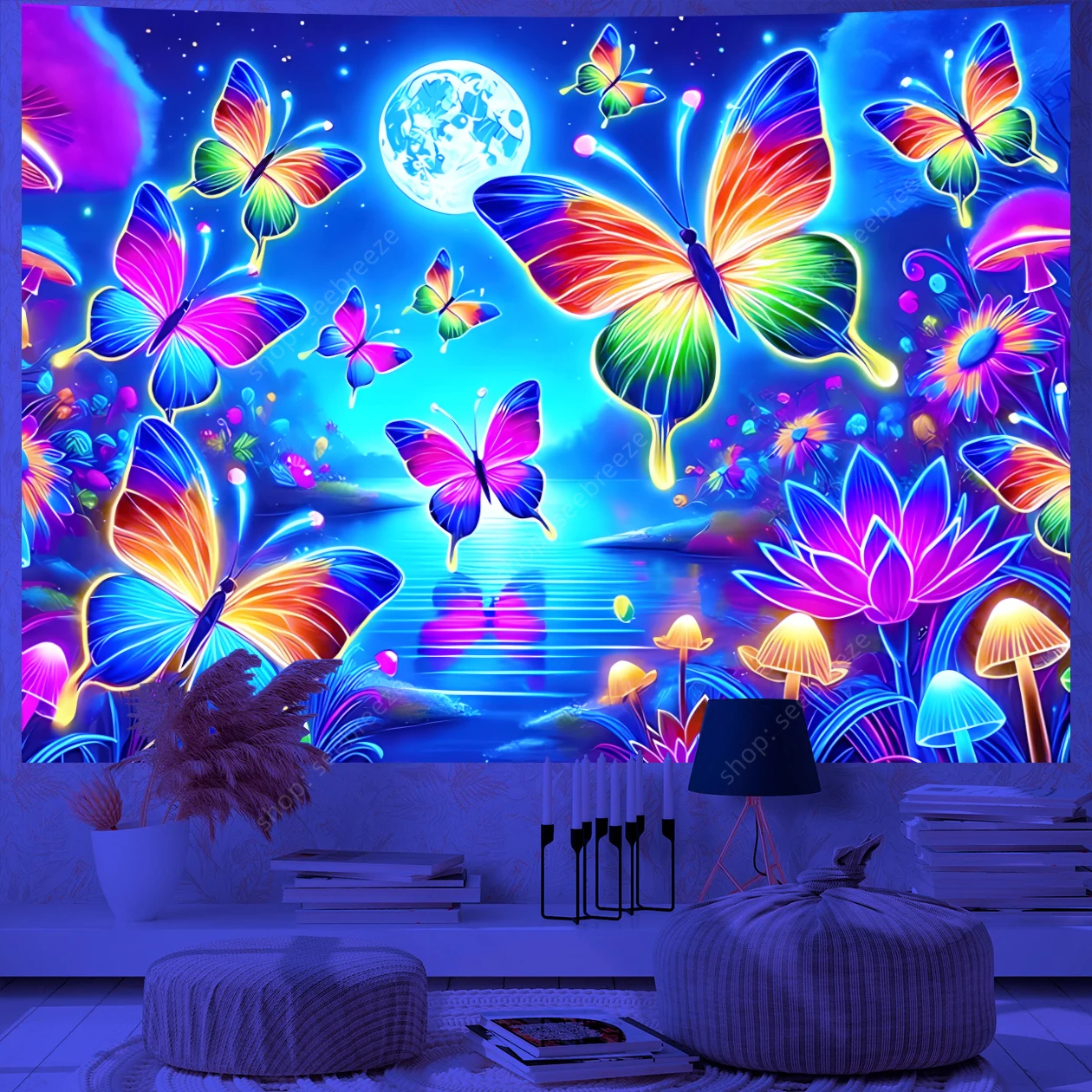 Butterfly Flower UV Reactive Tapestry Wall Hanging Hippie Boho Room Decor Aesthetic Psychedelic Home Dorm Wall Decor Party Decor