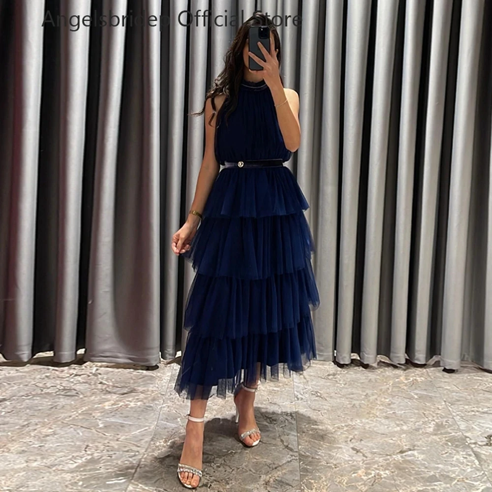 

Angelsbridep Halter Tiered Tulle A-line Prom Dresses Dubai Vestidos De Noche Sleeveless Tea Length Robes De Soirée Party Dresses