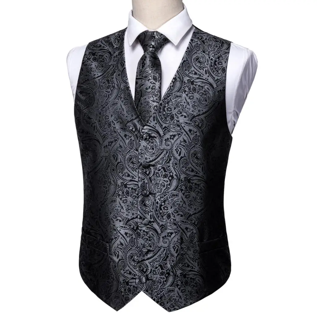 Elegant Mens\'s Vest Silk Black Silver Pasley Floral Dress Suit Waistcoat Tie Bowtie Set Sleeveless Jacket Formal Barry Wang