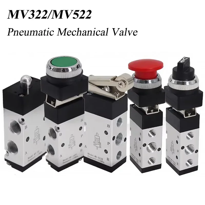HLH MV322 MV522 Pneumatic Push-Button Mechanical Valve 2-Position 5-Way Cylinders Manual Directional Control Valve 2-Position 3-
