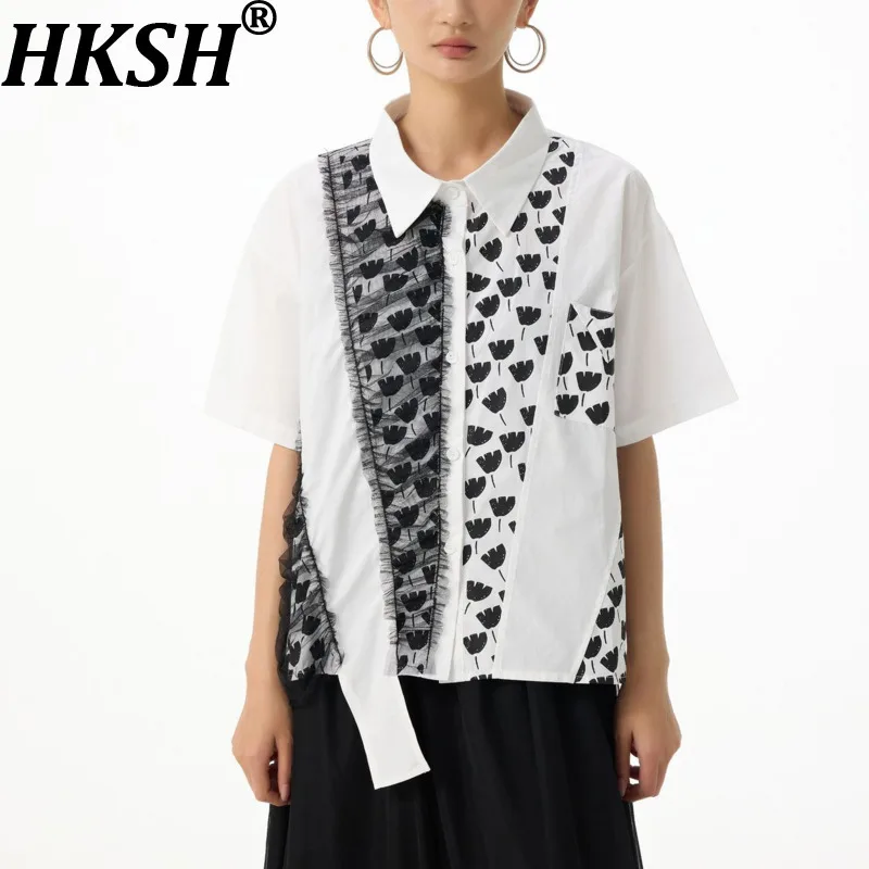 

Женская рубашка HKSH с асимметричными сетчатыми вставками и принтом, с короткими рукавами, на одной пуговице, универсальная шикарная блузка, повседневный топ, летняя модель HK22171