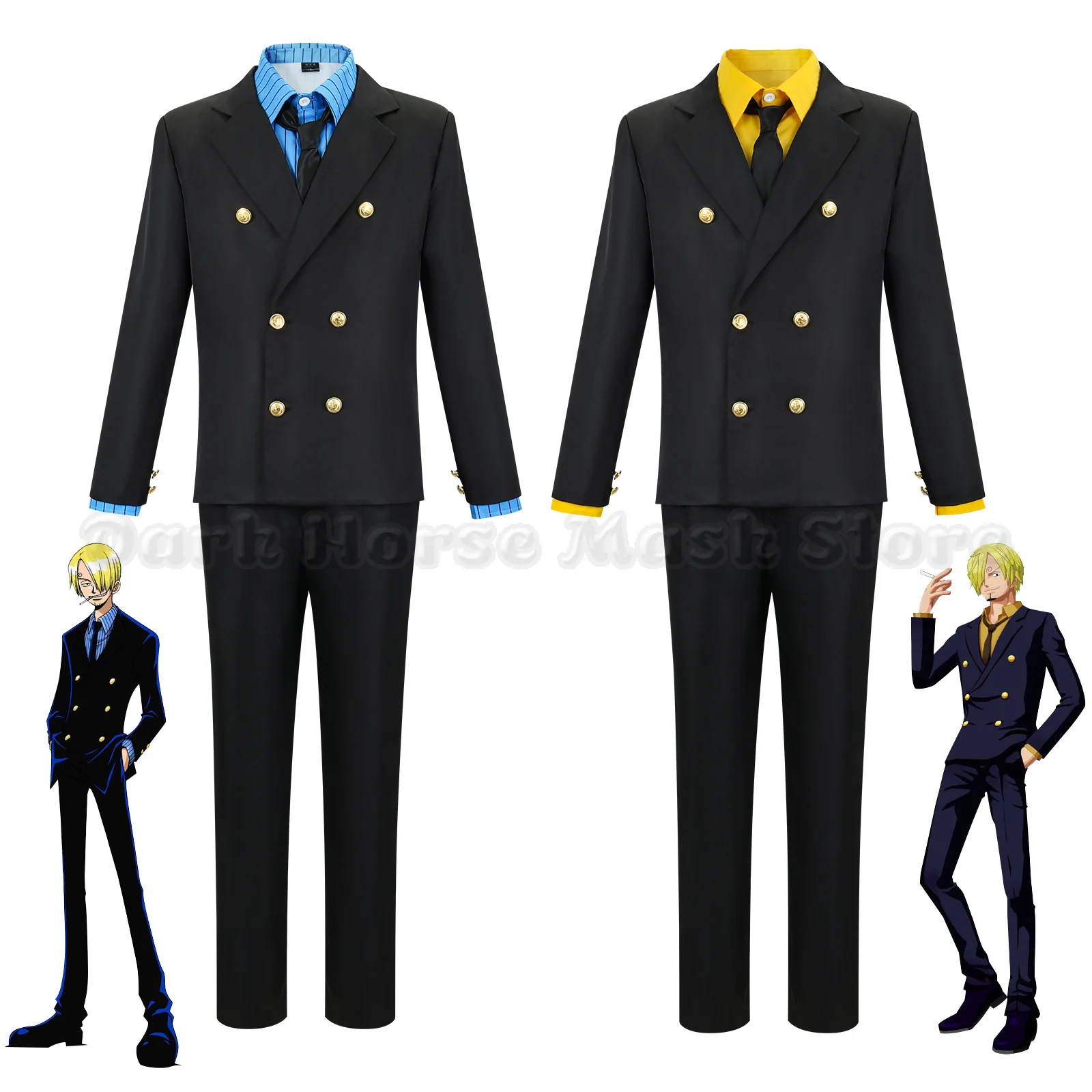 

Anime One Sanji Piece Cosplay Costume Blue Yellow Shirt Suit Uniforms Full Set Halloween Party Role Play Outfit for Adult Men