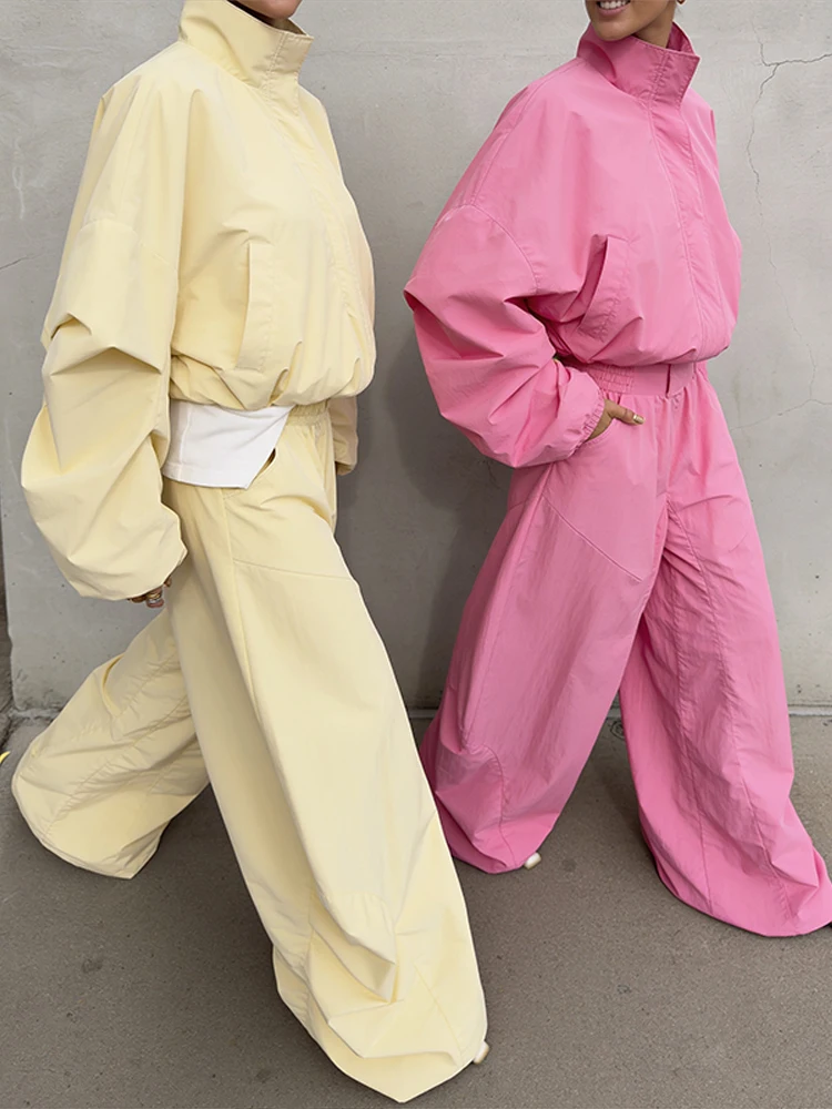 Stehkragen Langarm Oversize-Oberteil und Hosen-Set für Damen, Streetwear mit Taschen, Lockere Mäntel, Hosen mit Elastischem Bund, Schickes Damen-Outfit, Neu – Detail 9