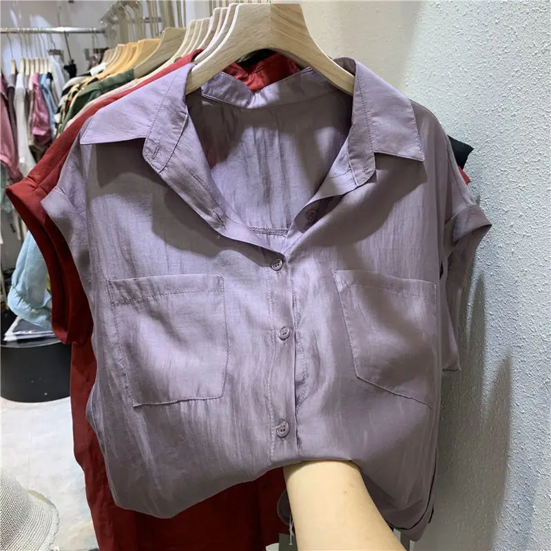 New Pocket Patchwork Loose Blouse Summer Short Sleeve Polo Neck Solid Color Elegant Shirt Tops Fashion Casual Women Clothing