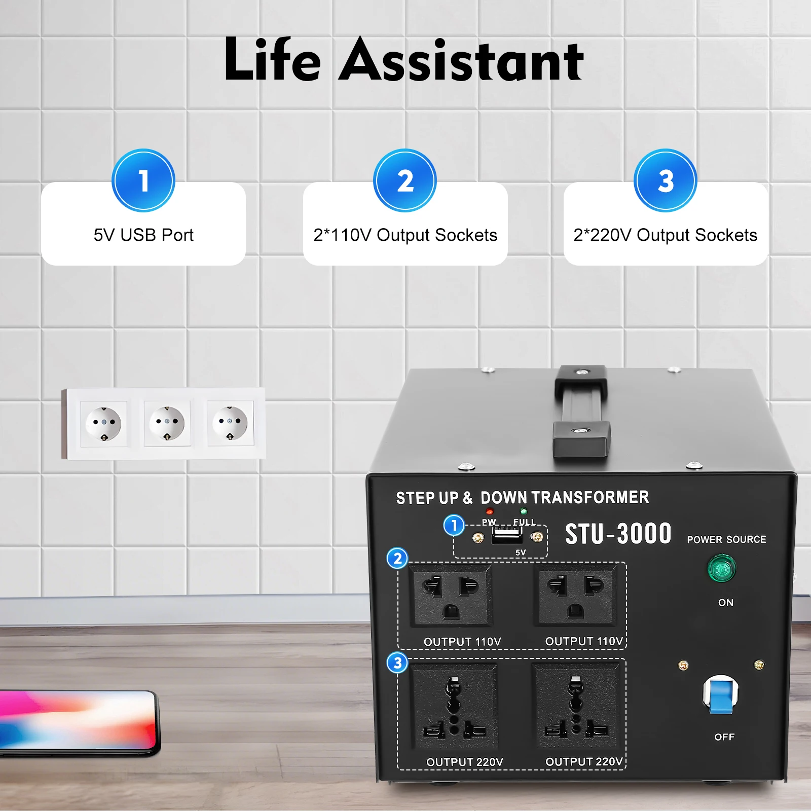 

2400W Voltage Converter Transformer 110V/200V/220V/240V Power Converter 3000VA 4 Sockets with US&EU Plug Heavy Duty Step Up/Down