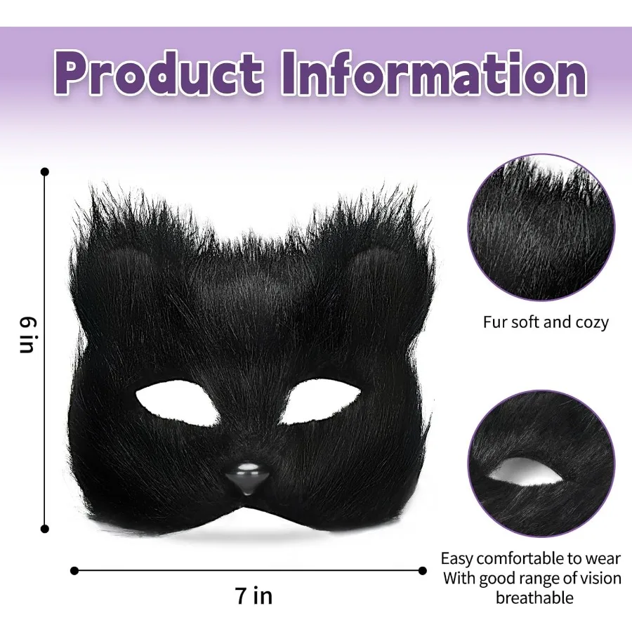 BADALU Therian Cat Mask and Tail Set for Girls Halloween Furry Fox Mask Wolf Tail Cat Costume With Leather Choker Faux Fur Cosp