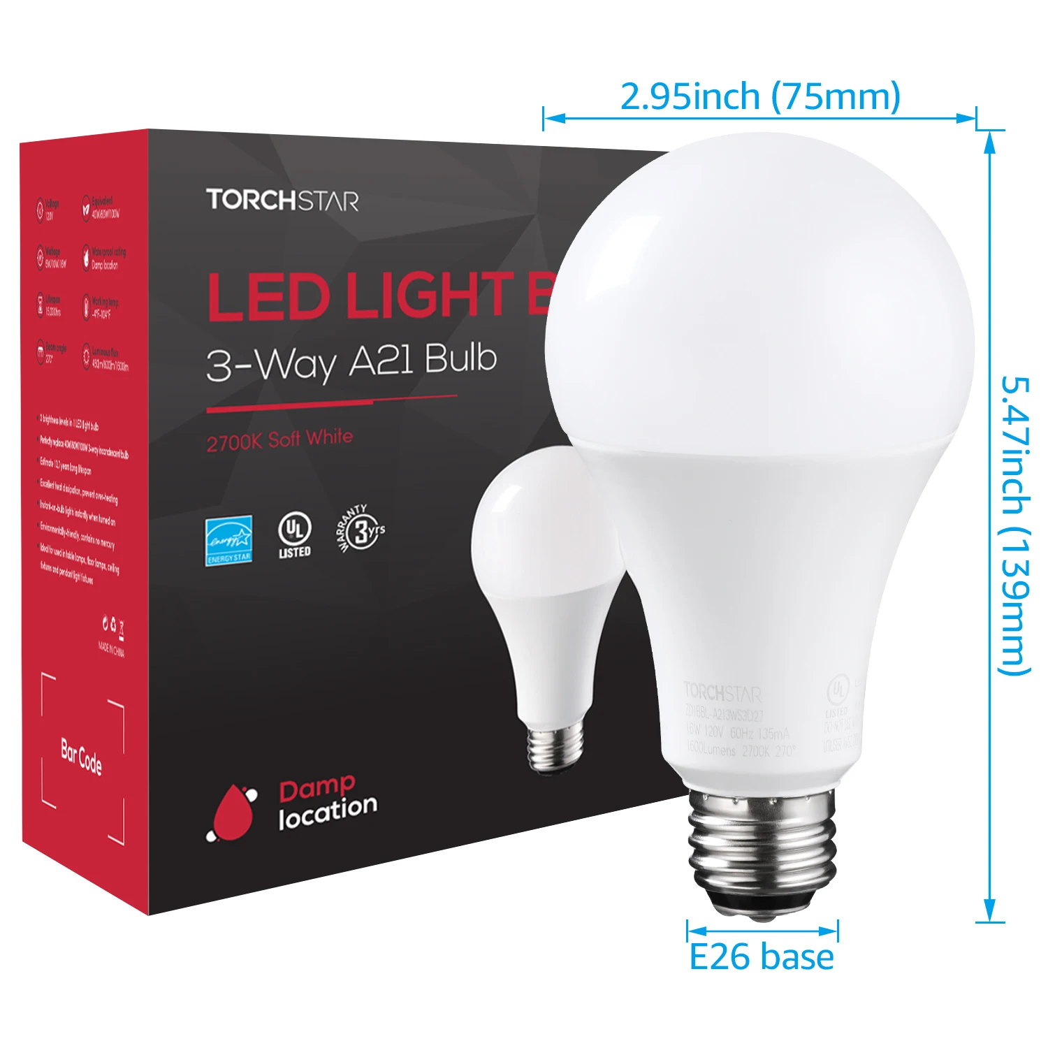 

40/60/100W Equivalent LED A21 Light Bulb, Energy Star + UL-Listed, 2700K Soft White, E26 Medium Screw Base, for Table Lamp