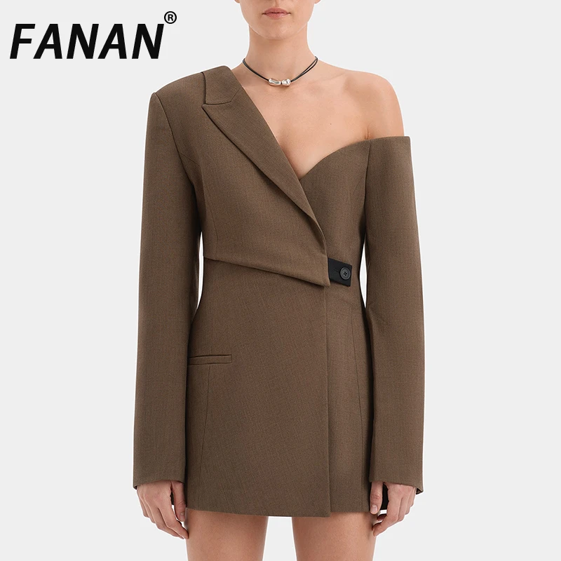 

FANAN нерегулярный дизайн, пиджаки с открытыми плечами для женщин, куртки со сборкой на одной пуговице, облегающие талию, женские пальто, новинка осени 2023 г.