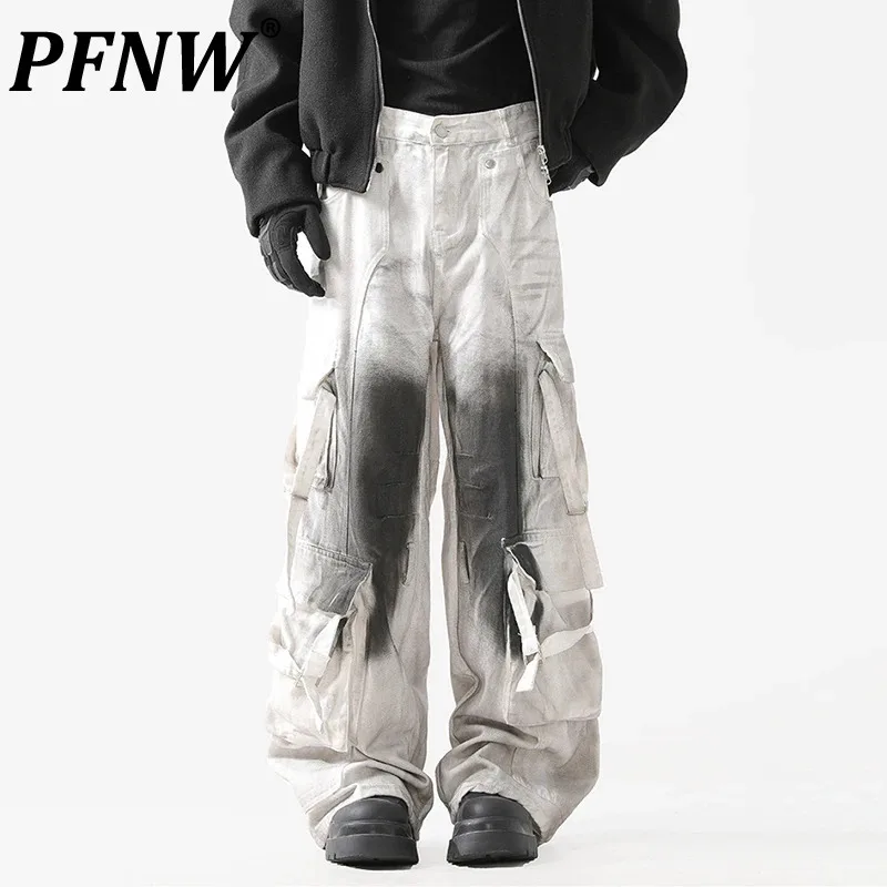 

PFNW High Street Ribbon Dirty Design Wide Leg Pants Men's Streetwear Mens Clothing Multi Large Pocket Niche Trousers New 28W4665