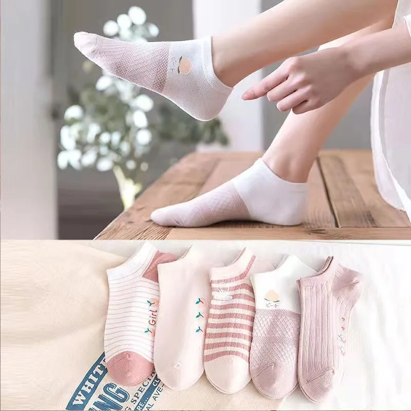 Chaussettes Courtes Basses pour Femme, Minces et Mignonnes, Respirantes, Bateau, Roses, Bouche Peu Profonde, Décontractées, 5/10 Paires