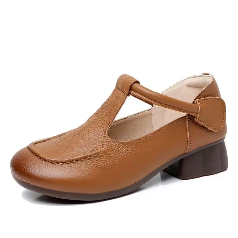 

Women New Real Leather Low Heel Nude Shoes Spring Autumn New Round Toe Shallow Soft Sole Soft Face Velcro Women Casual Shoes