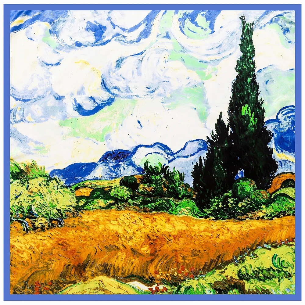 90cm European Van Gogh Oil Painting Classic Series Starry Cafe Apricot Blossom Women\'s Imitation Silk Square Scarf Shawl Scarf