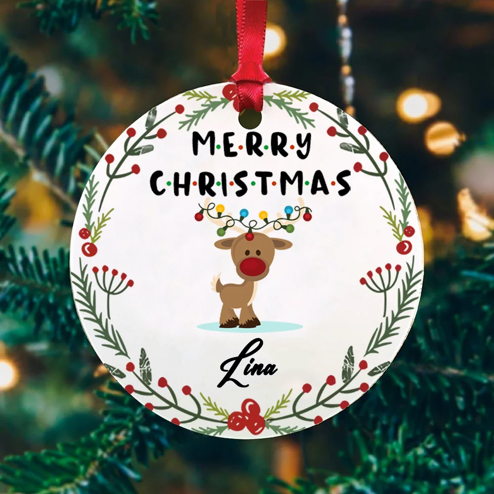 Personalized Name Custom Merry Christmas Ornament Reindeer Wreath Enamel Ornament Cute Christmas Gift for Tree Decoration