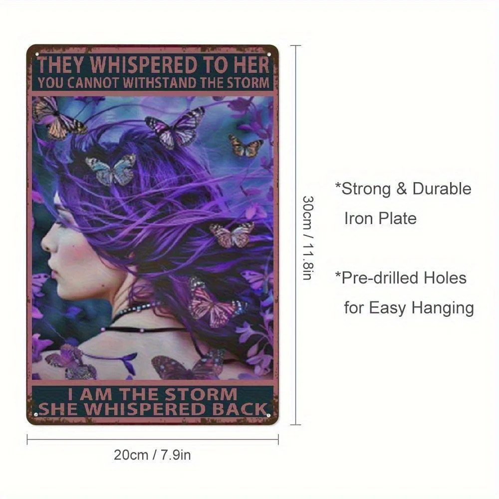 Xitangyouyu Plaque Métallique Vintage - Affiche Femme Poderesse « Je suis la Tempête » avec Cheveux Violets et Papillons, en Fer Blanc Rétro
