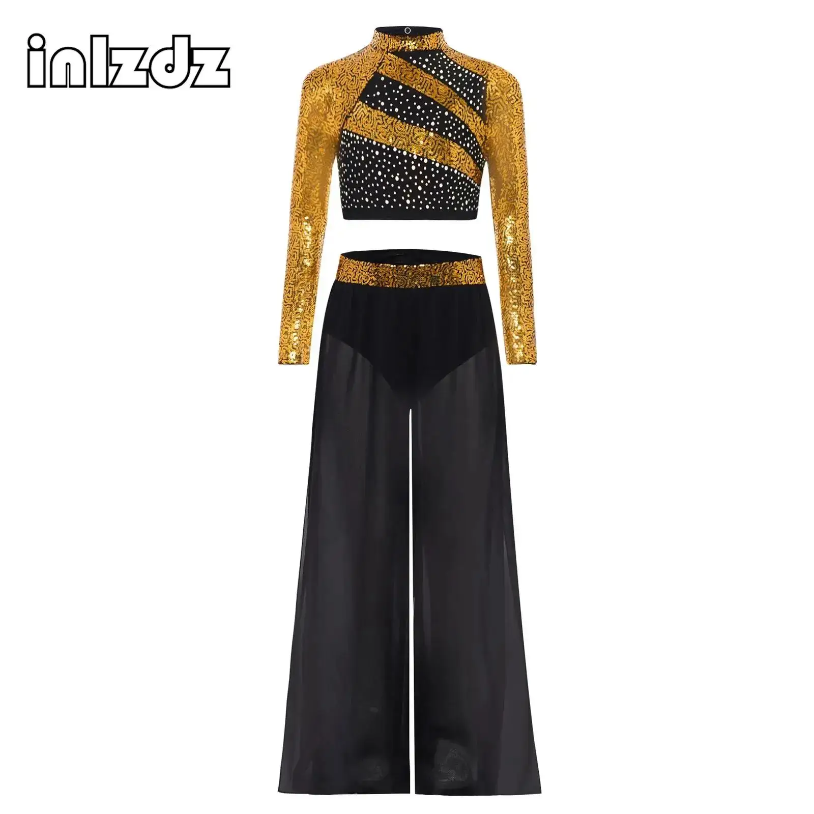 

Kids Girls Dance Costume Two-Piece Set Sequin Mock Neck Crop Top with Flowying Chiffon Pants for Recitals Stage Performances