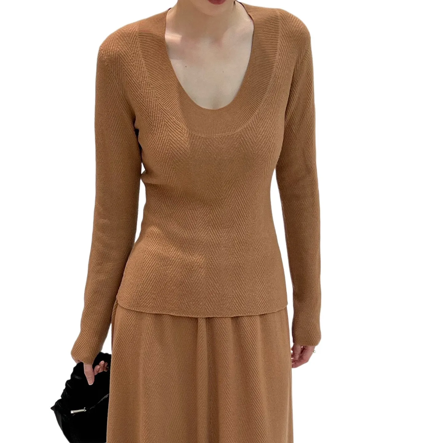 Long Sleeve Single Top Regular Length Japanese Korean Casual with Long Skirt Korean Style Simple Commuter Style U Neck for Women
