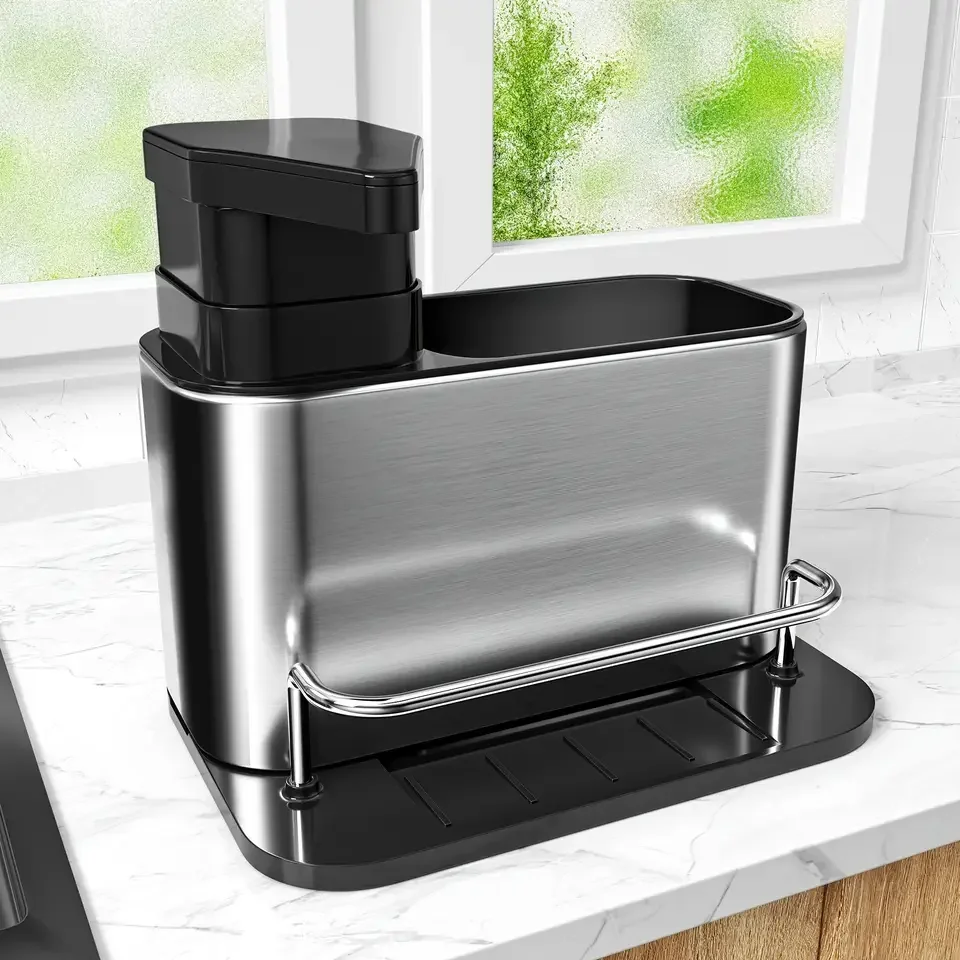 

3-in-1 Kitchen Stainless Steel Tableware Soap Dispenser, Sponge Holder, Sink Organizer Drain Rack, Suitable for Kitchen Sinks