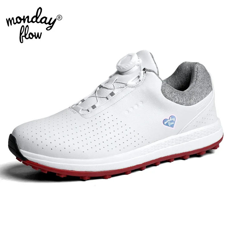 Monday Flow Men Golf Shoes Waterproof Leather Golfer Shoes Knob Quick Lacing Golf Sneakers Comfortable Walking Golfing Footwear