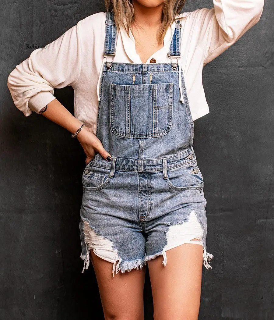 2021 New Women Summer Denim Shorts Jumpsuit Casual Retro Ripped Strap Jeans Shorts Jumpsuit Top quality Drop shipping