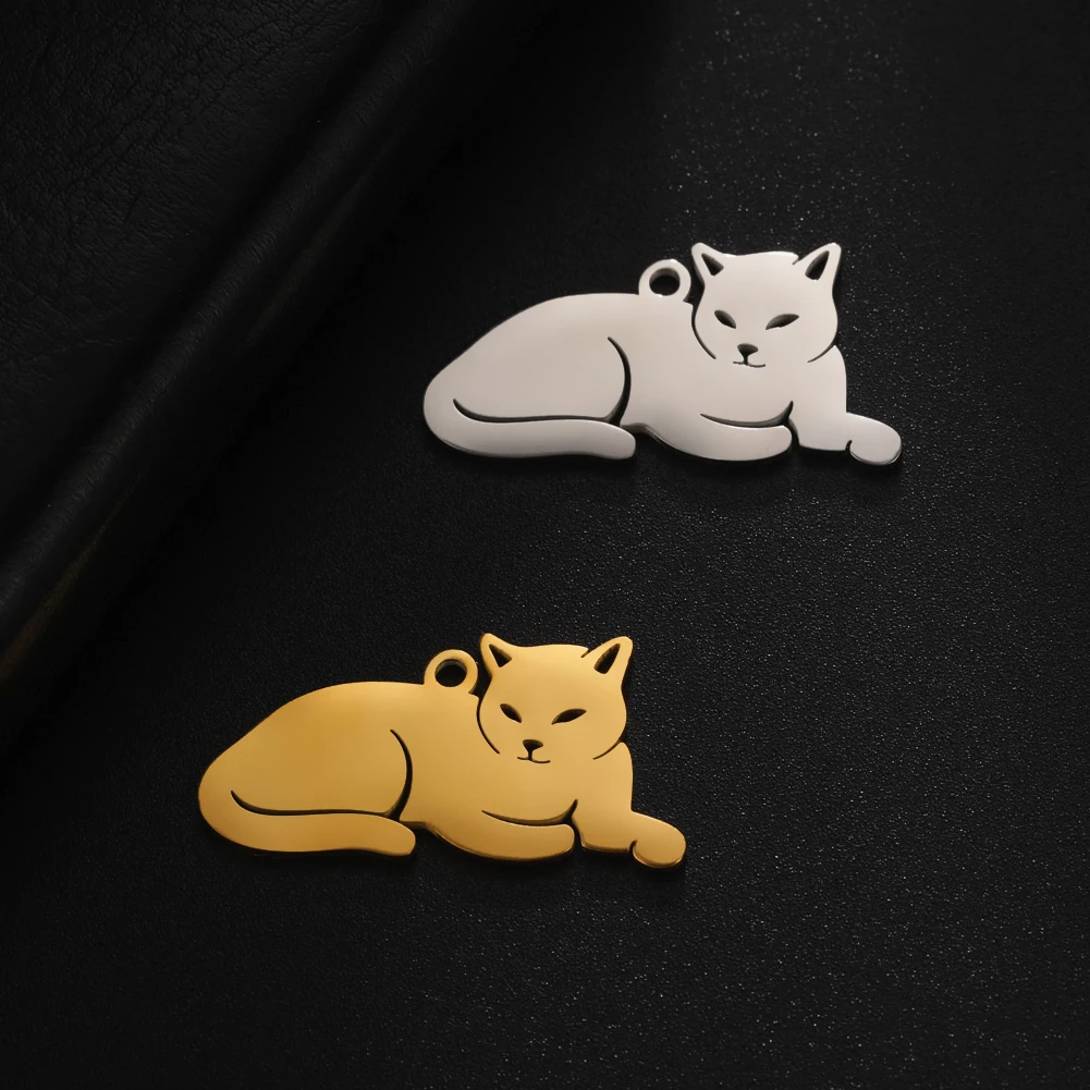 5pcs/Lot Stainless Steel Necklace Bracelet Charms Cute Cat Animal Pendants For Jewelry Making Supplies Diy Accessories 16x31.1mm