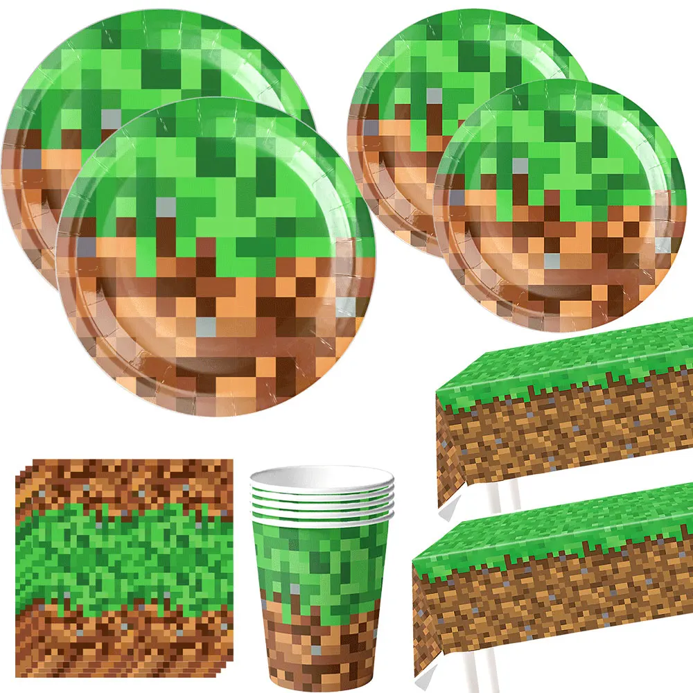 Pixel Tischgeschirr Geburtstagsparty-Zubehör Miner 40 Zoll Aluminium-Ballons Teller Servietten Becher Baby-Shower-Party-Zubehör
