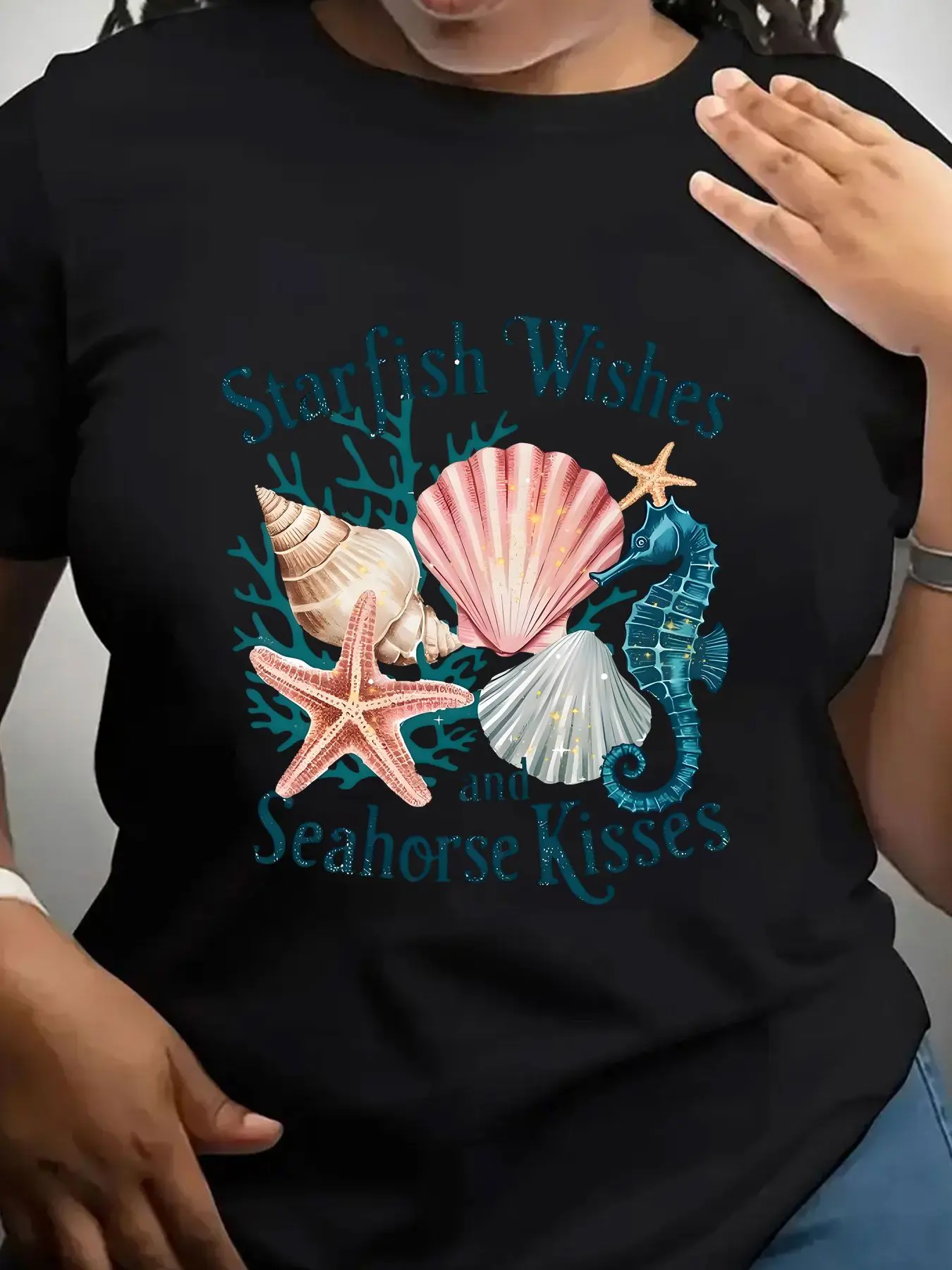 Women's Trendy Crew Neck T-Shirt Starfish Wishes Seahorse Kisses Design Suitable for Casual Sportswear
