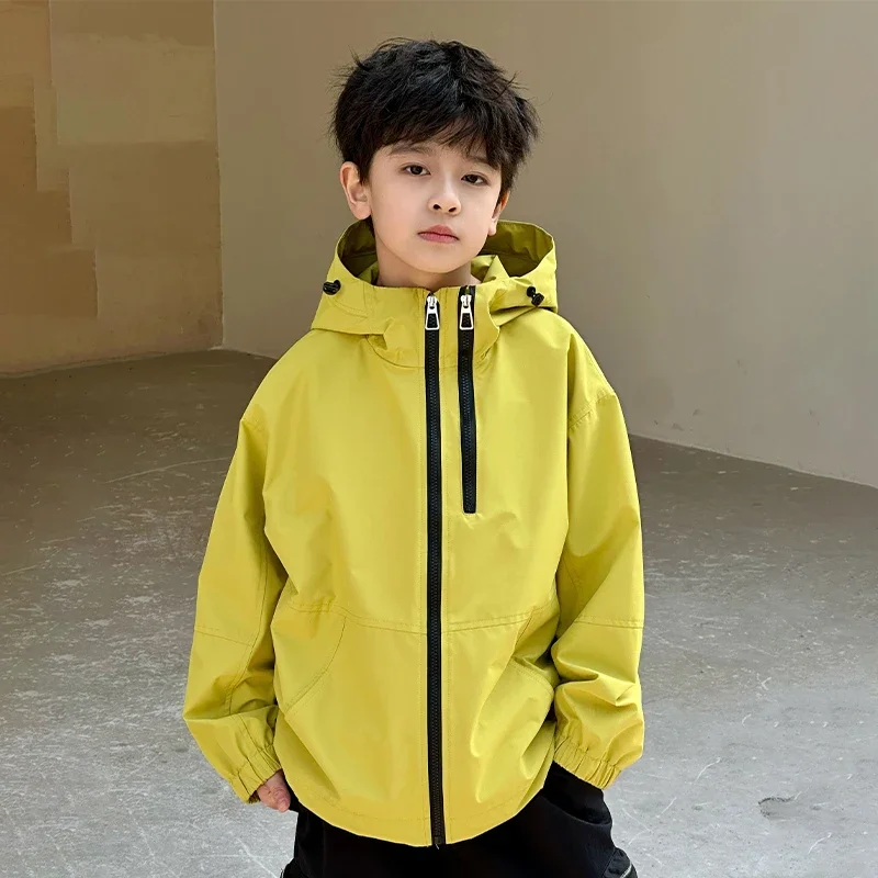

4-13 Years Spring Autumn Kids Double Zipper Yellow Jackets For Boys Baby Hooded Coats Fashion Child Sport Outwear TR416